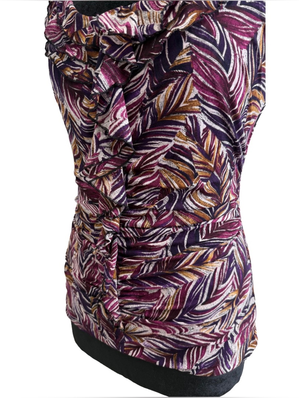 Y2K Silk Ruffle Ruched Abstract Pattern Top - Picture 6 of 9